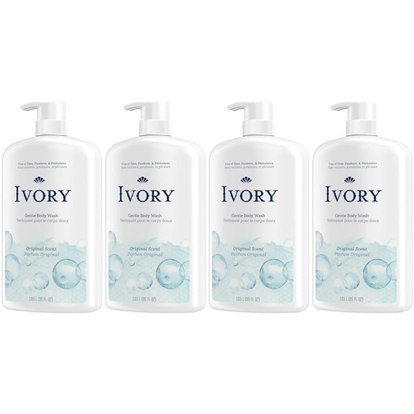 Four bottles of Ivory Mild & Gentle Body Wash Original Scent 35oz, 4 Pack, are lined up against a white background. This Ivory body wash features plant-based cleansers and is dermatologist tested for gentle care.